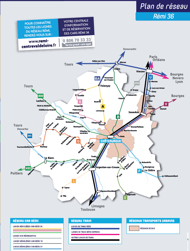 Carte des lignes ferroviaires, bus et gares dans le département de l'Indre